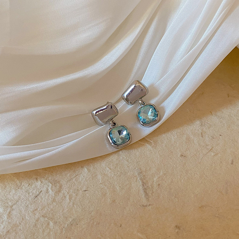 Lake Blue Square Geometric Crystal Stud Earrings For Women