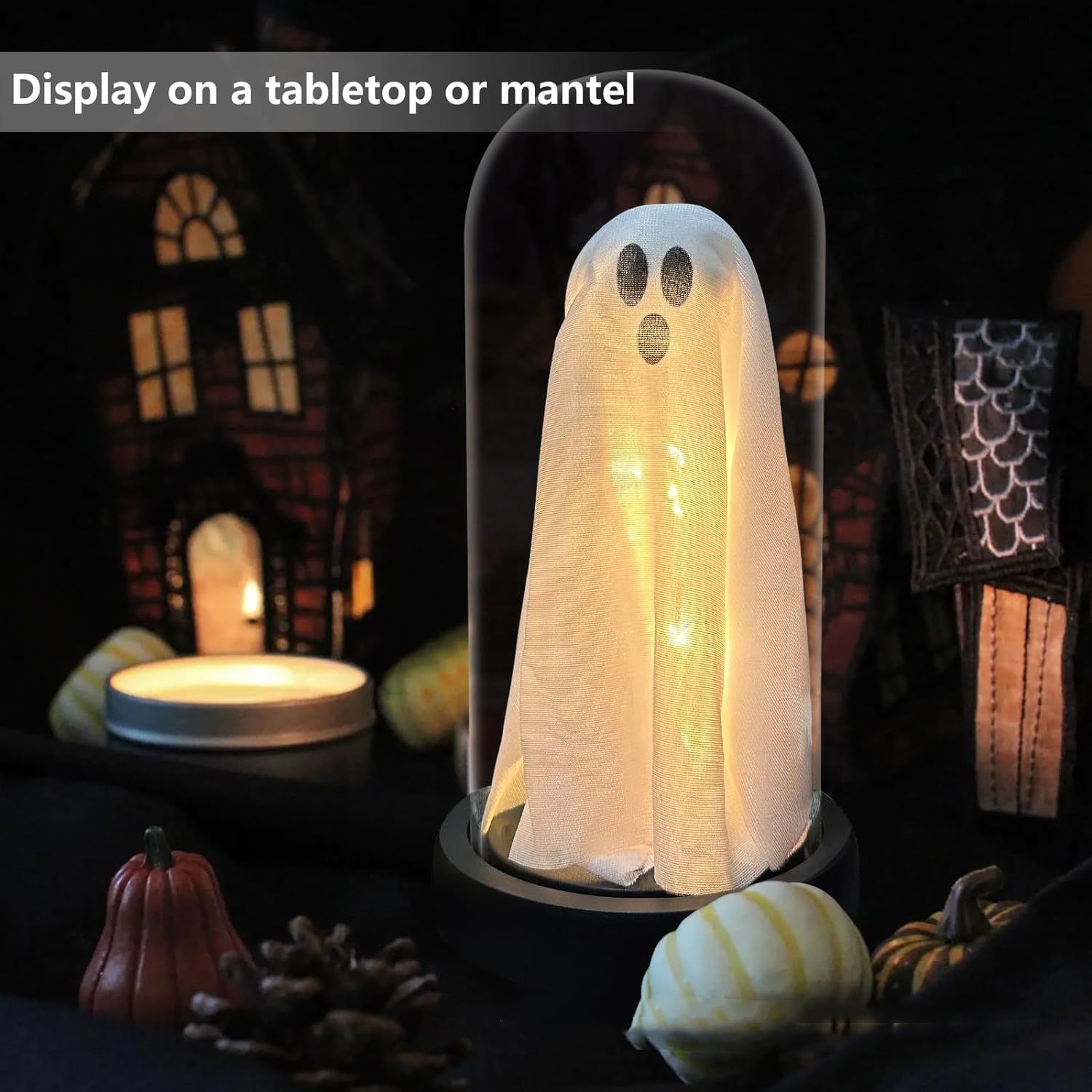Light Up Ghost In Glass Cloche Light Up Ghost In Glass