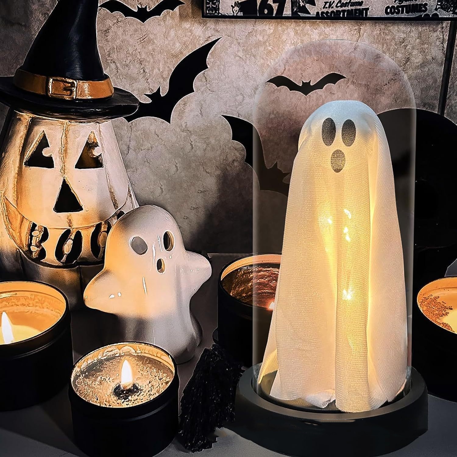 Light Up Ghost In Glass Cloche Light Up Ghost In Glass