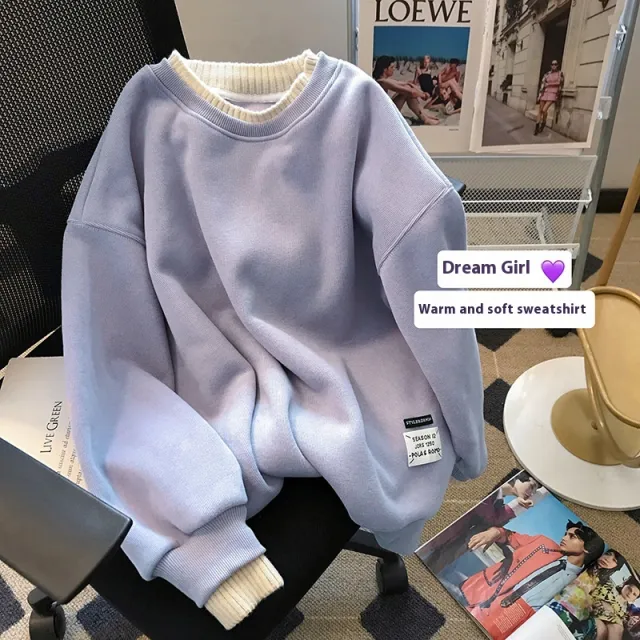 Round neck With Fleece Lining Thick Fake Two Pieces Long Sleeve Loose Sweatshirt Purple - Shop at LoveMi