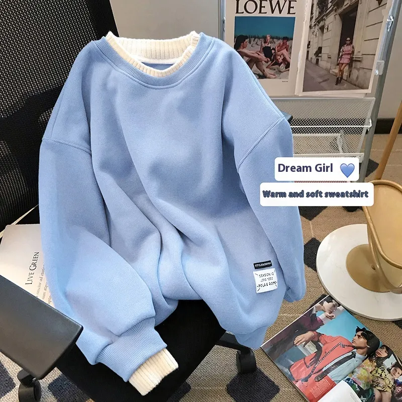 Round-neck With Fleece Lining Thick Fake Two Pieces Long Sleeve Loose Sweatshirt - Blue