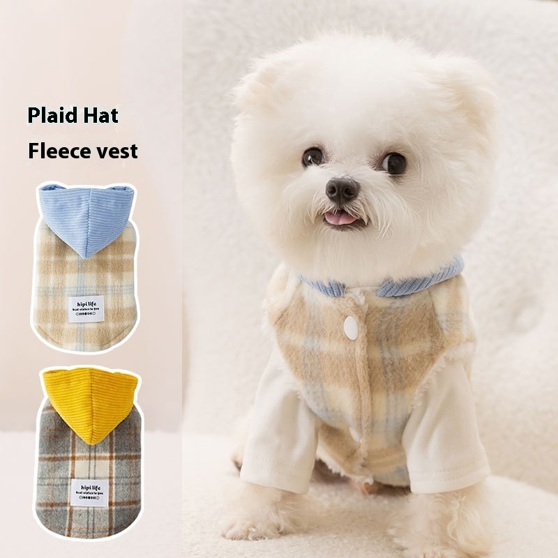 Chessboard Grid Hooded Traction Vest Autumn And Winter Pet