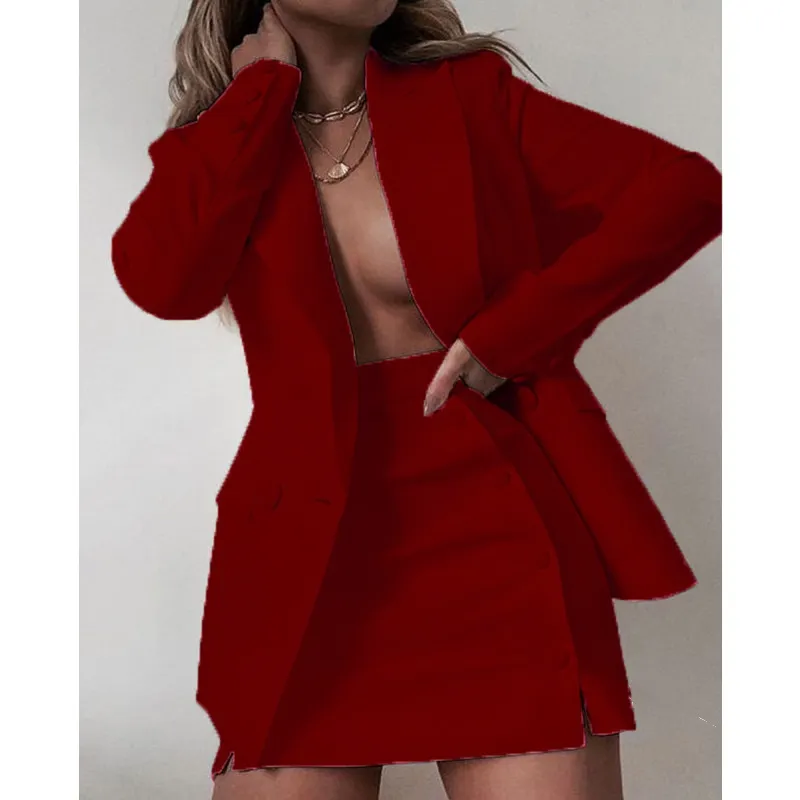 Solid Colour Suit Short Skirt Two-piece Set Women's New - Wine Red