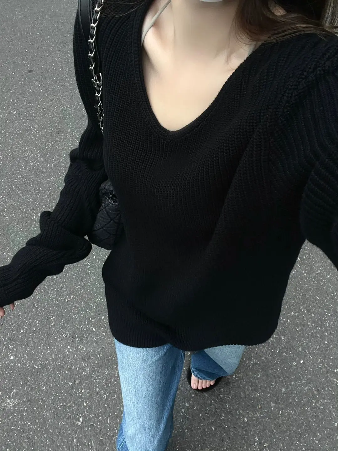 Loose V-neck Black Sweater Women's Sweater Outerwear Top