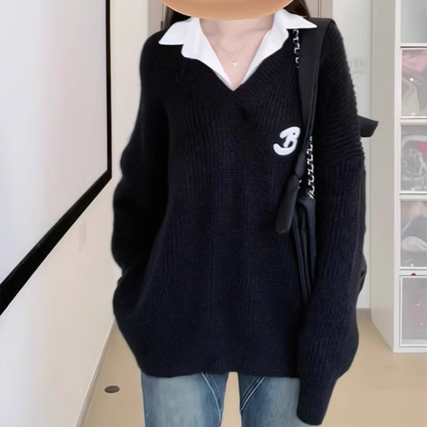 Retro Loose Black Knitted Sweater Women's False Two-piece Patchwork Top