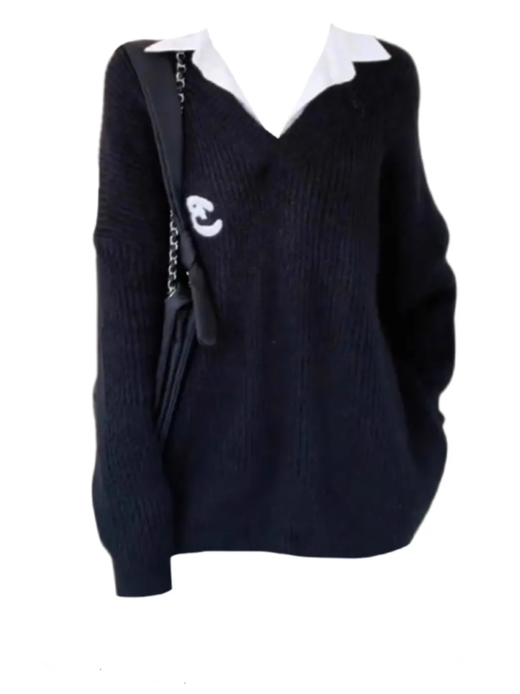 Retro Loose Black Knitted Sweater Women's False Two-piece Patchwork Top - Black