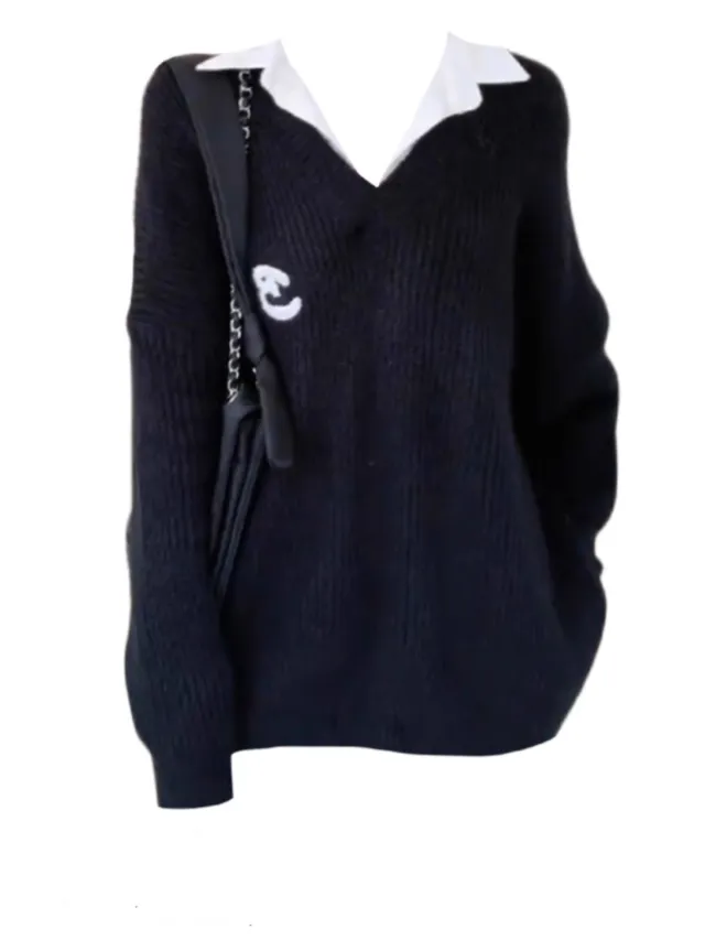 Retro Loose Black Knitted Sweater Women's False Two piece Patchwork Top Black - Shop at LoveMi