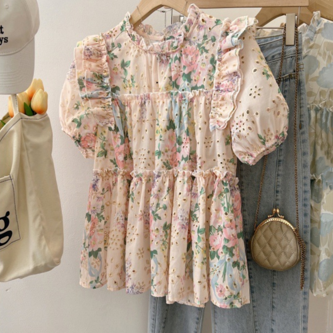 New Hollow Jacquard Slimming Puff Short Sleeve Shirt