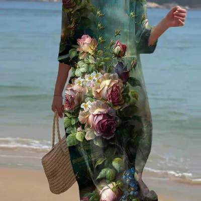 European And American Women's Clothing Loose Round Neck Long Sleeve Printed Dress