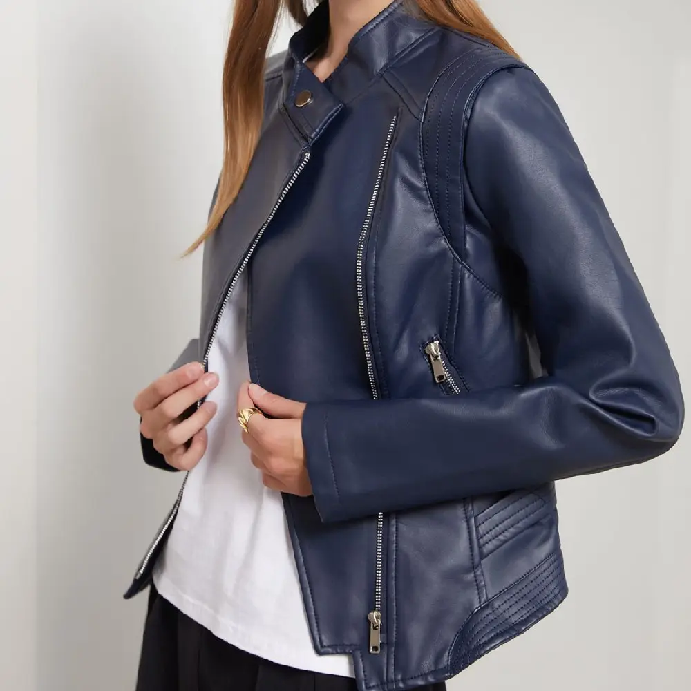 PU Lapel Women Slim-fit Leather Coat