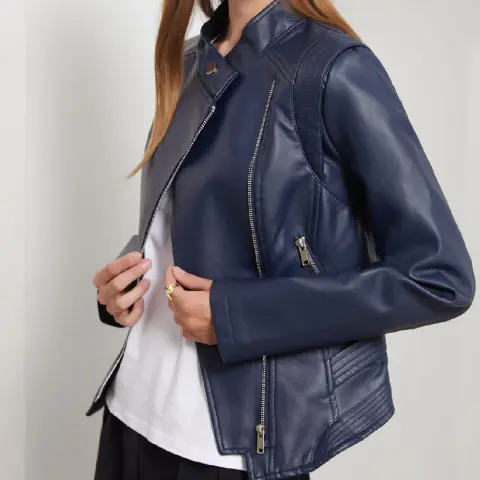 PU Lapel Women Slim-fit Leather Coat