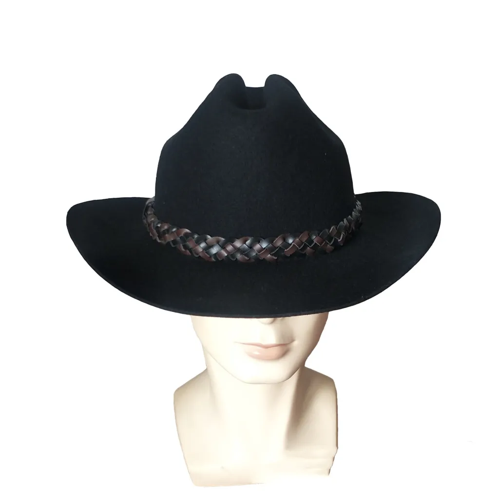 Wool Western Cowboy Hat Belt Top Hat Jazz Felt Cap - Black