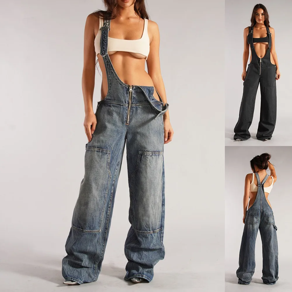 Y2K Zipper Denim Overalls with Pockets Fashion Loose Suspender