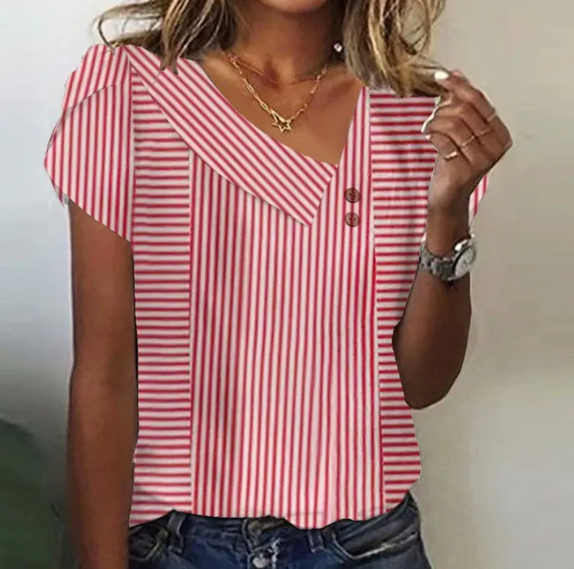Women's Top Button V-neck T-shirt - Red Stripe