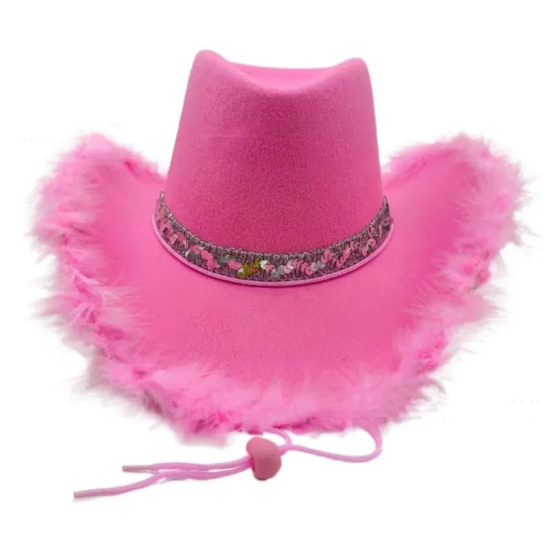 Sequined Ribbon Upturned Eaves Raw Edge Denim Top Hat - Dark Pink