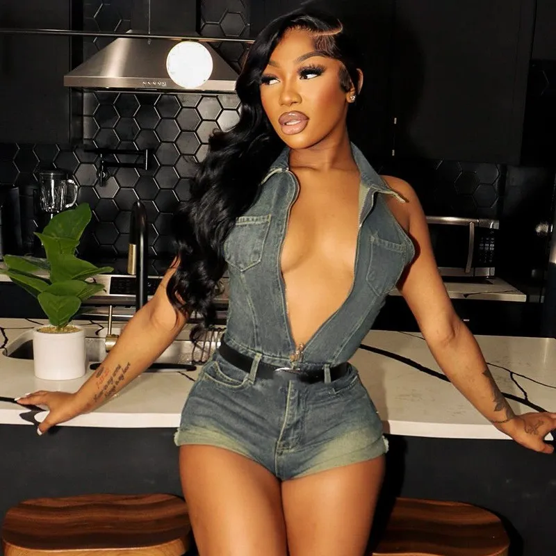 Sleeveless Backless High Waist Curling Shorts Denim Jumpsuit - Blue