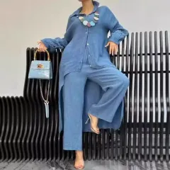 Women's Cotton And Linen Shirt Wide Leg Pants Suit - Sapphire Blue - View 1
