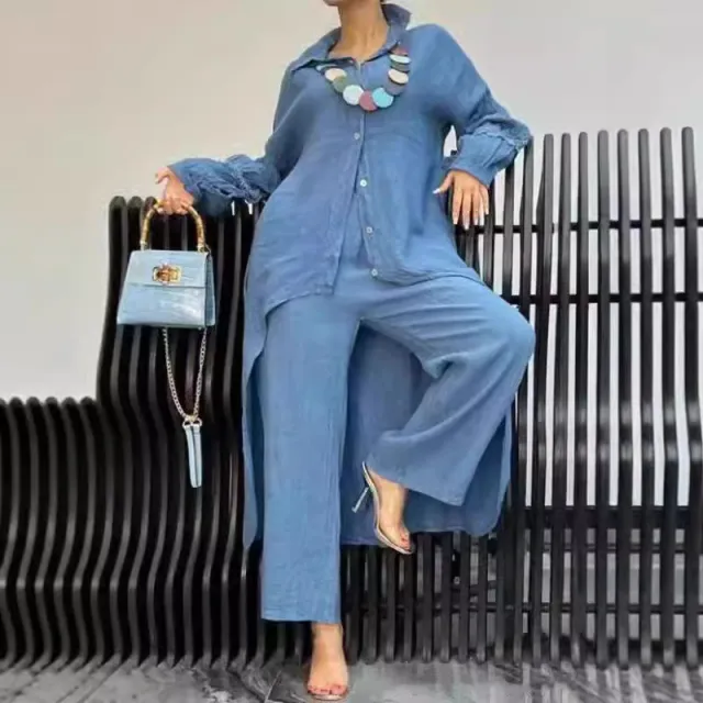 Women's Cotton And Linen Shirt Wide Leg Pants Suit Sapphire Blue - Shop at LoveMi