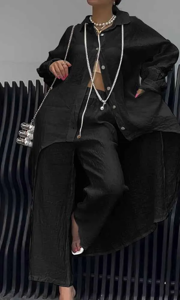 Women's Cotton And Linen Shirt Wide Leg Pants Suit Black - Shop at LoveMi
