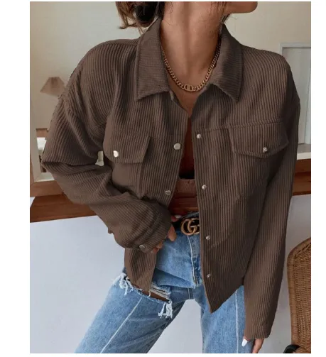 Shiying Simple Style Niche Corduroy Lapels Single breasted Solid Color Shirt Jacket Brown - Shop at LoveMi