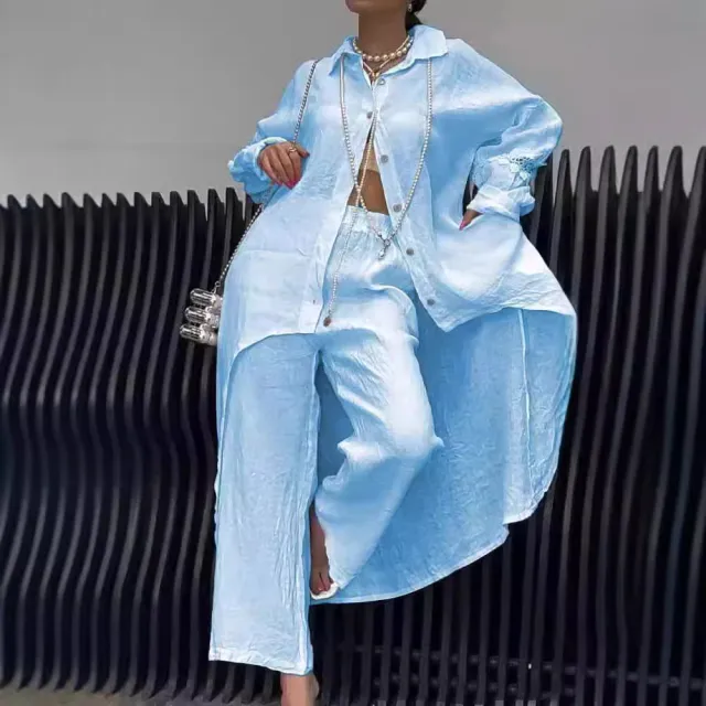 Women's Cotton And Linen Shirt Wide Leg Pants Suit Lake Blue - Shop at LoveMi