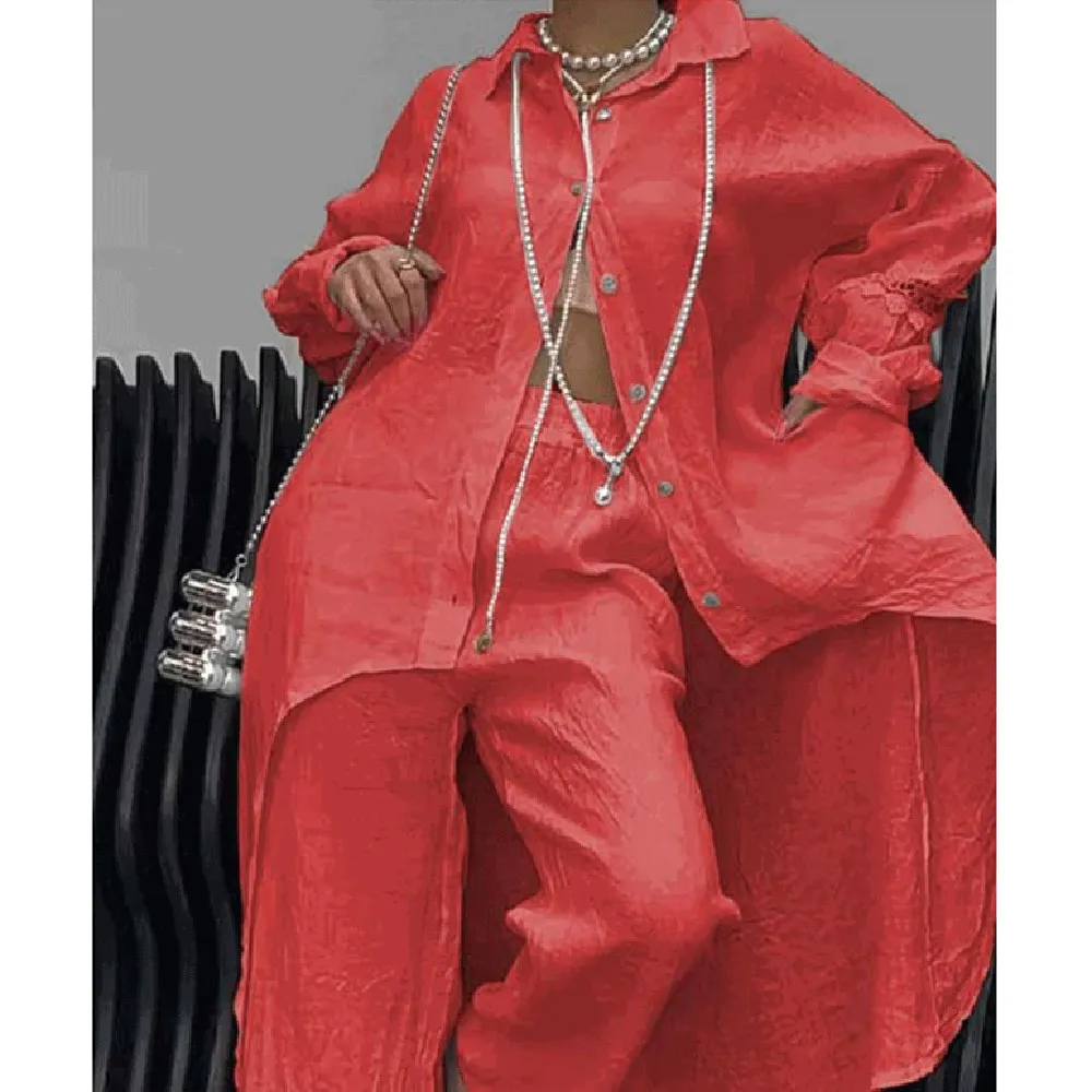 Women's Cotton And Linen Shirt Wide Leg Pants Suit - Red