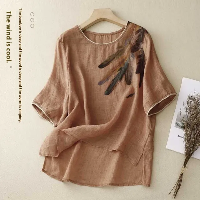 Loose Round Neck Twill Ramie Breathable Thin Printed Short Sleeve Orange - Shop at LoveMi