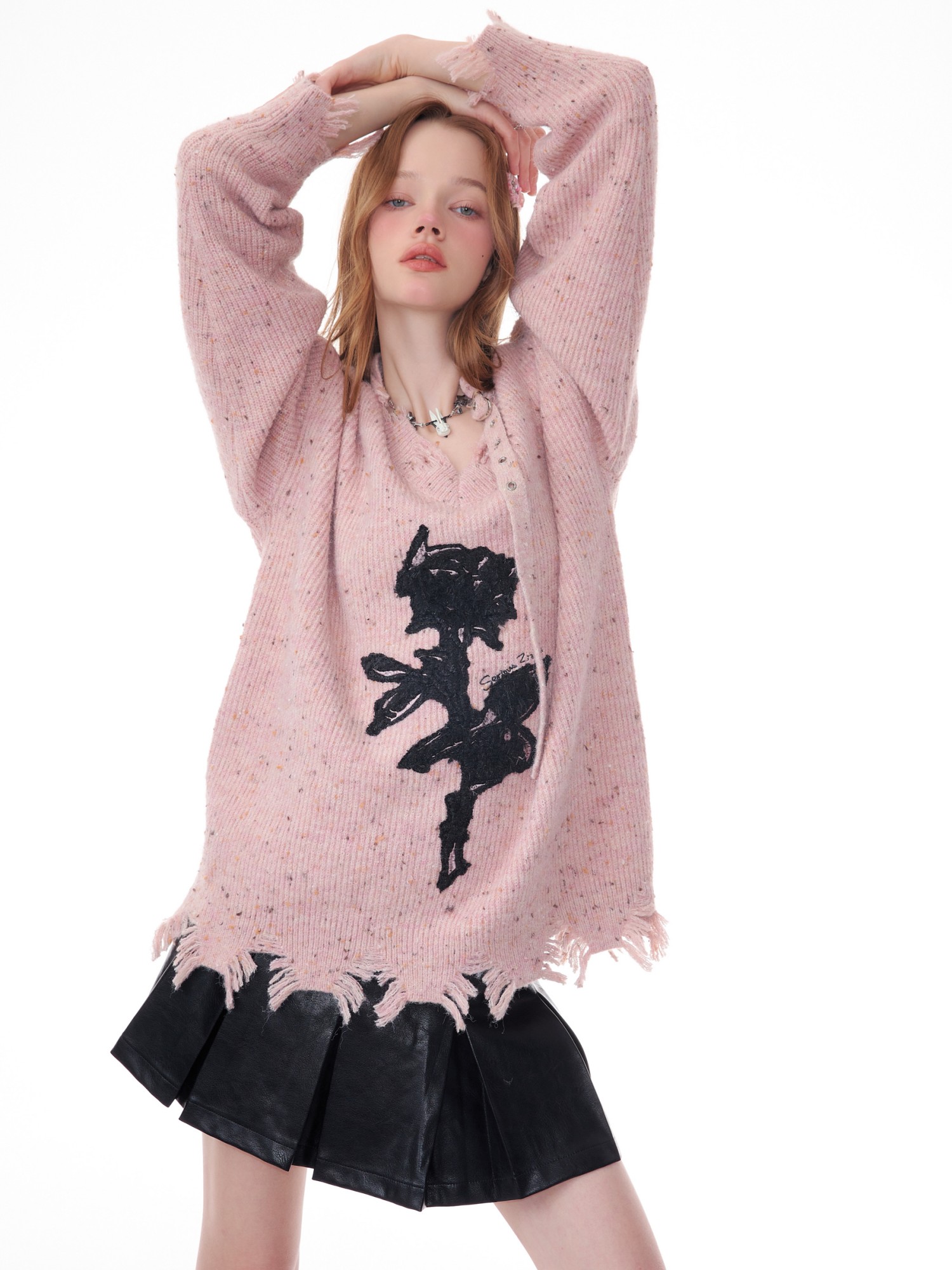 Gentle Rose Embroidered V-neck Sweater For Women