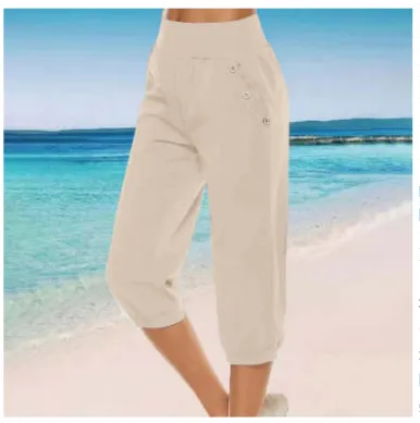 Women's Elastic Waist Fastener Decoration Solid Color Pants Khaki - Shop at LoveMi