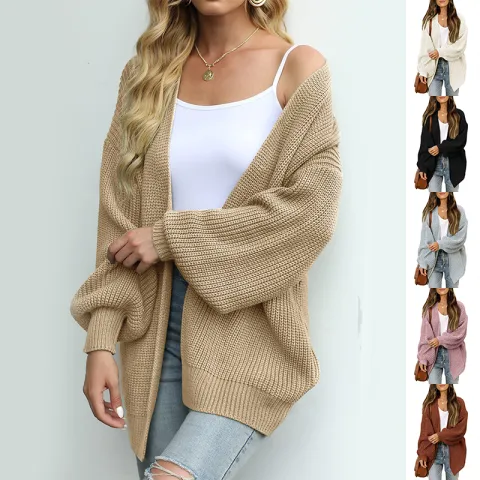 Fashion Lantern-sleeved Sweater with Pockets Casual Loose Solid Knit