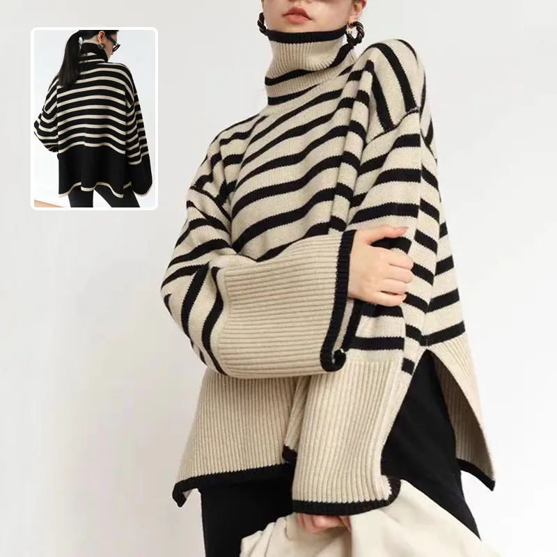 Fashion Striped Turtleneck Sweater Casual Loose Slit Design Winter