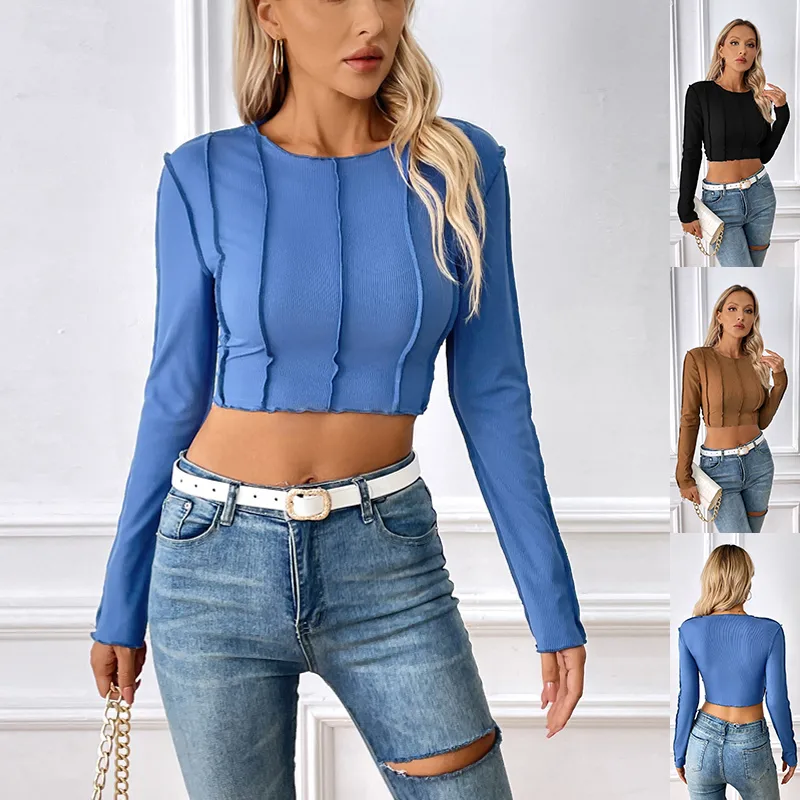 New Slim Long Sleeve T-shirt with Exposed Stitching Design