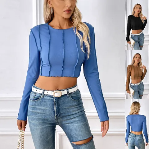 New Slim Long Sleeve T-shirt with Exposed Stitching Design