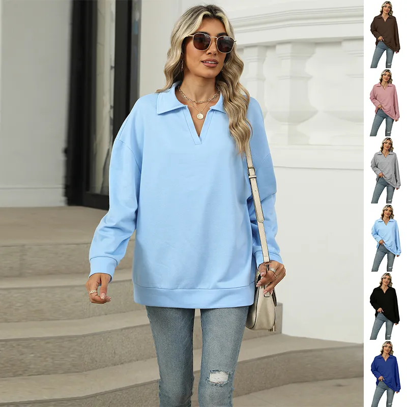New Lapel V-neck Sweatshirt Fashion Casual Loose Solid Color