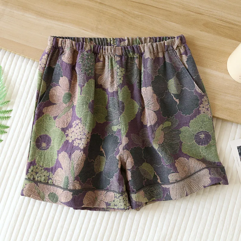 Women's Summer Thin Cropped Loose And Sweet Home Pants - Color Woven Purple Sunflower