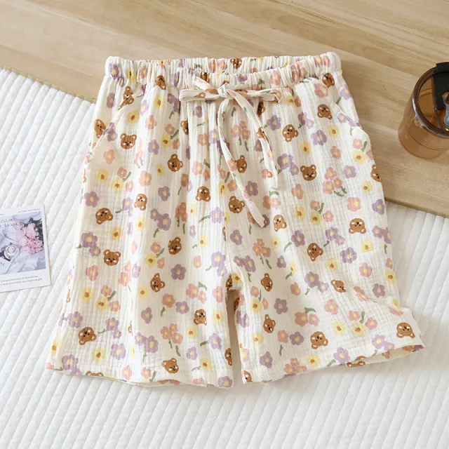 Women's Summer Thin Cropped Loose And Sweet Home Pants Crape Cloth Flower Bear L - Shop at LoveMi