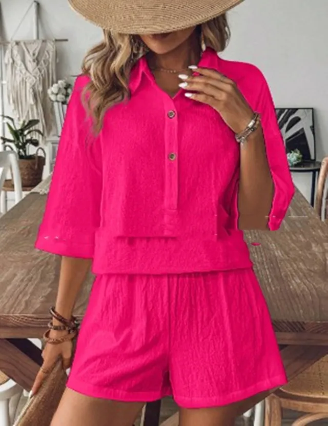 Solid Color Cotton Linen Single breasted Cardigan Shorts Two piece Set Rose Red - Shop at LoveMi