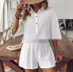 Solid Colour Cotton Linen Single-breasted Cardigan Shorts Two-piece Set - White - View 1
