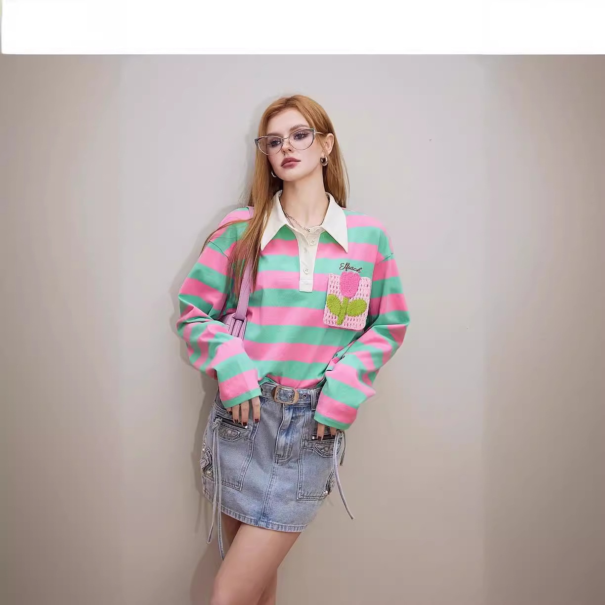 New Young Handmade Crochet Polo Collar Striped Long-sleeved T-shirt For Women