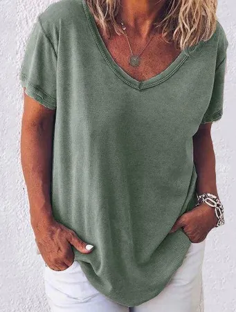 Solid Color V Neck Women's Short Sleeved T Shirt Green - Shop at LoveMi