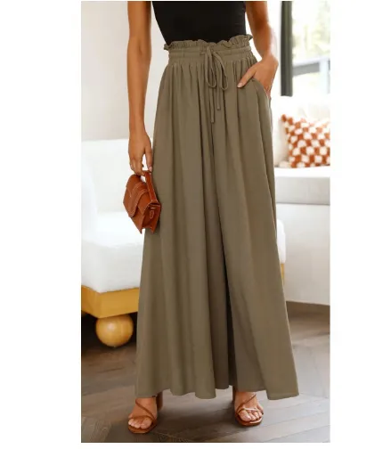 Women's Fashion Wide Leg Elastic Waistband Wide Leg High Waist Long Dress Pants Flaxseed Green1 - Shop at LoveMi