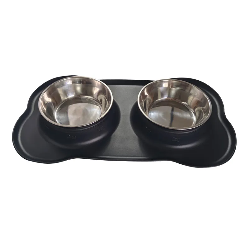 Large Silicone Pet Bowl Double Dog Bowl Stainless Steel - Large Size