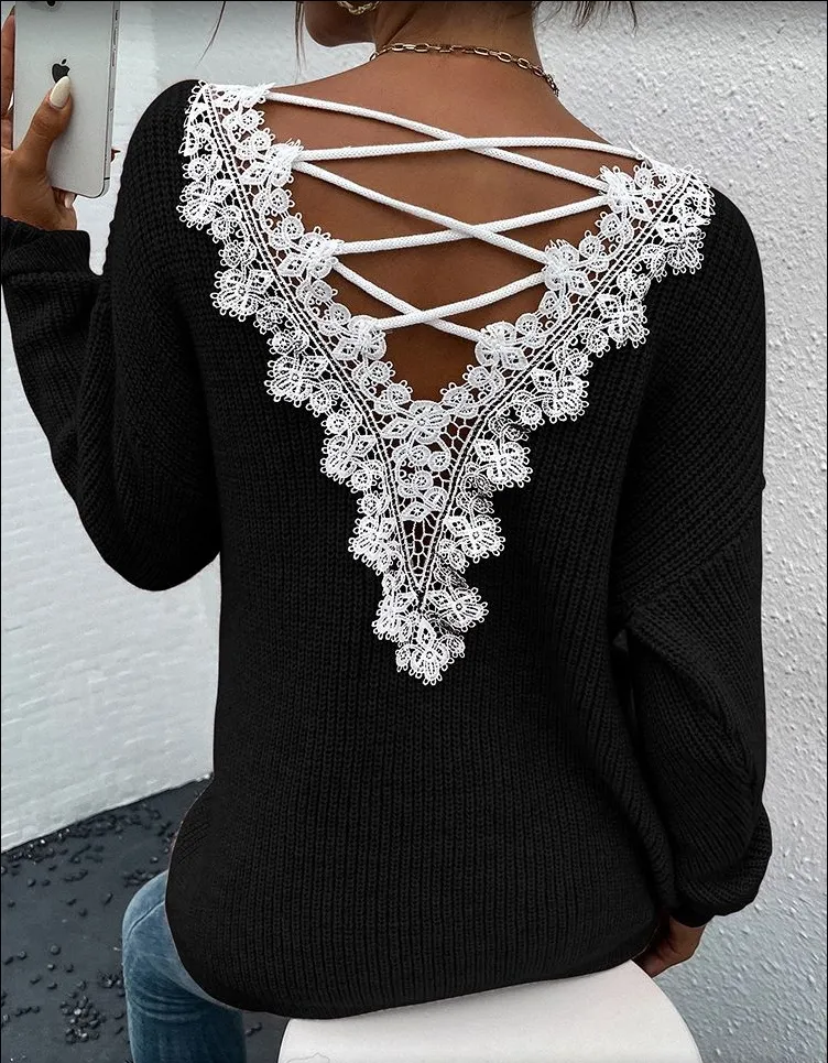 Y2k Clothes V-neck Sweater Ladies Winter Backless Streetwear Bandage Cashmere Sweater Women Fashion Clothes - Black