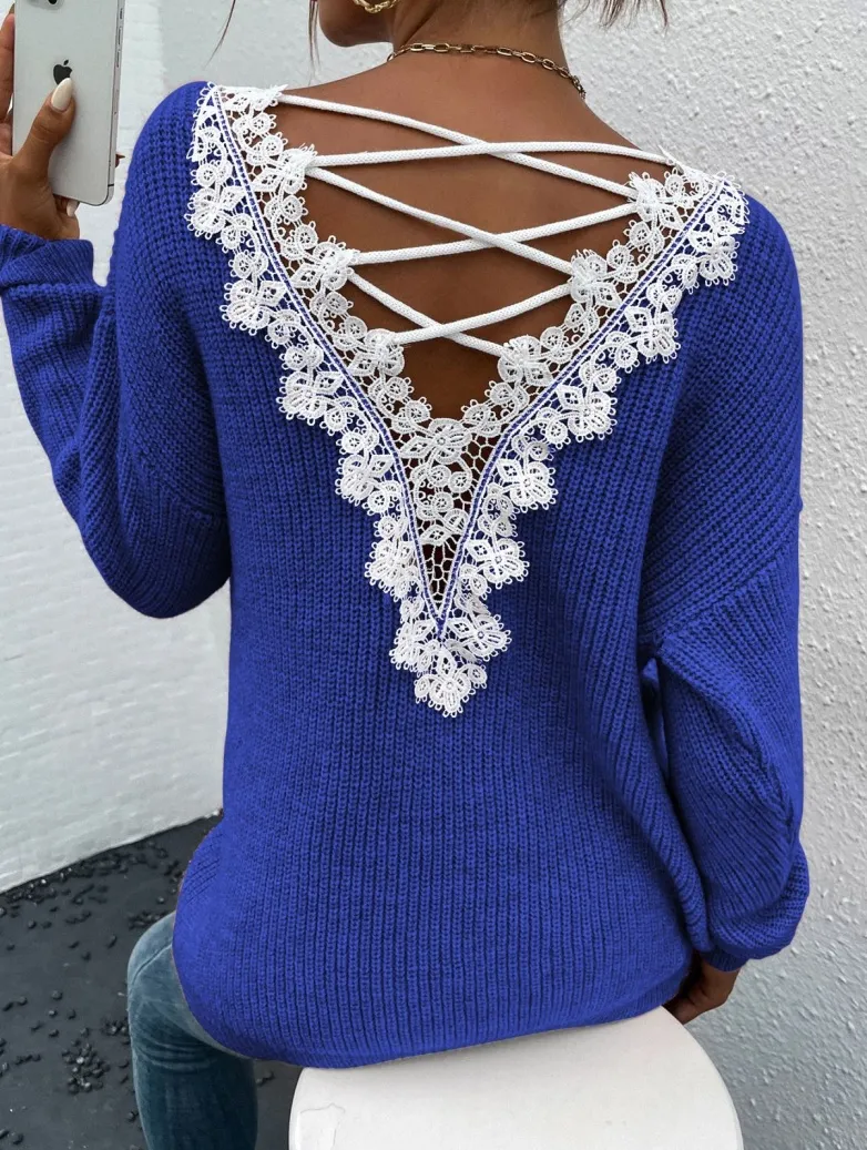Y2k Clothes V-neck Sweater Ladies Winter Backless Streetwear Bandage Cashmere Sweater Women Fashion Clothes - Blue