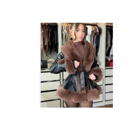Collar Tie Waist Windbreaker Stitching Slim Long sleeved Jacket Black Brown - Shop at LoveMi