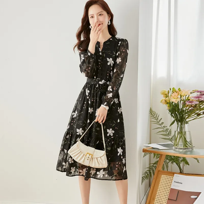 French Chiffon Floral Dress - Black