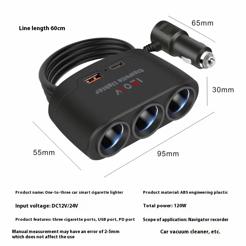 Multi-function Car Cigarette Lighter One-drag Three-strap USB PD Fast Charging Interface 12V24V Universal