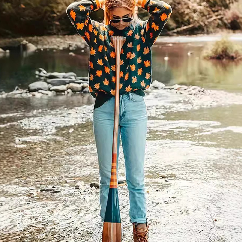 Maple Leaf Jacquard Long Sleeve Plus Size Loose Fashion Casual Sweater