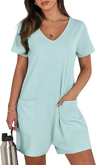 Women Summer Casual Vest Sleeveless Round Neck Jumpsuit Short Belt Pockets Mint Green - Shop at LoveMi