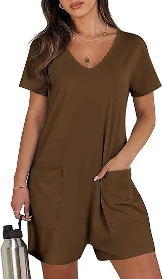 Women Summer Casual Vest Sleeveless Round Neck Jumpsuit Short Belt Pockets Coffee - Shop at LoveMi